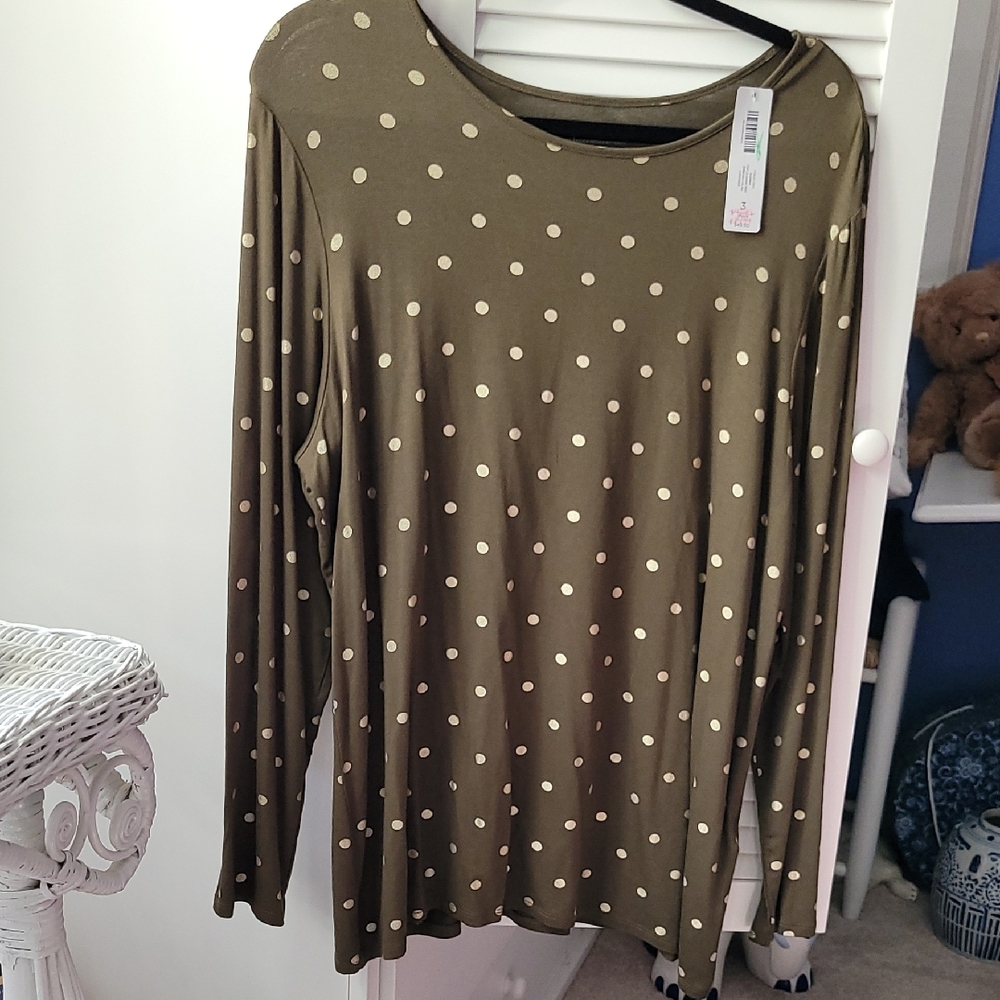 Chico's Olive Green w/Gold Dots Long Sleeve Relaxed Blouse 3=16/XL